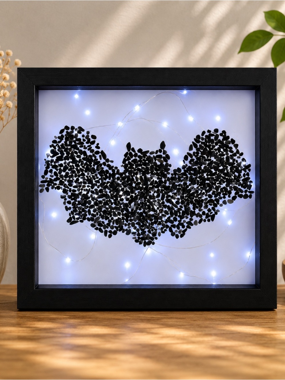 Black Obsidian Bat Crystal Chips Light Box